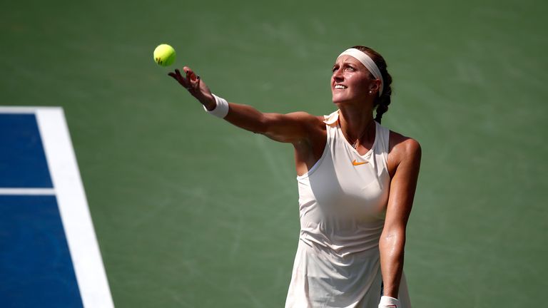 Petra Kvitova of Czech Republic serves the ball during her women's singles first round match against Yanina Wickmayer of Belgium on Day Two of the 2018 US Open at the USTA Billie Jean King National Tennis Center on August 28, 2018 in the Flushing neighborhood of the Queens borough of New York City. 