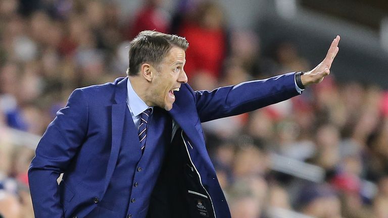 England head coach Phil Neville gives instructions during the SheBelieves Cup soccer match between United States and England at Orlando City Stadium on March 7, 2018 in Orlando, Florida. 