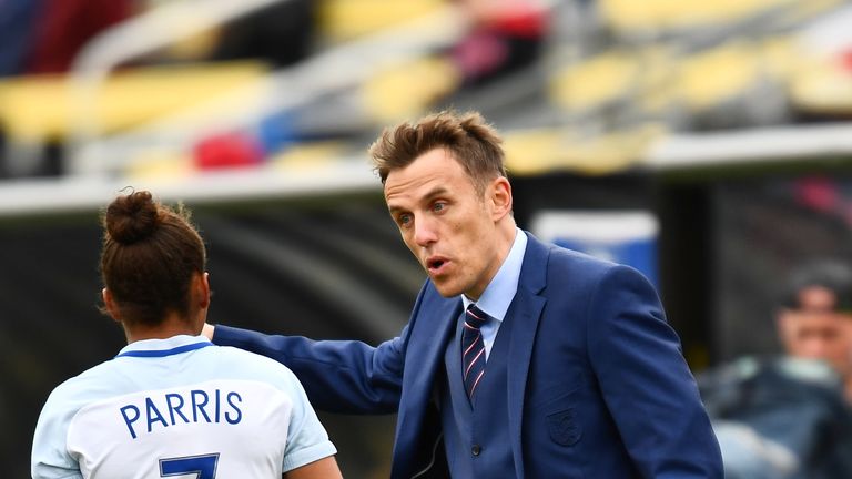 Manager Phil Neville of England gives instructions to Nikita Parris #7 of England during a game against France on March 1, 2018 at MAPFRE Stadium in Columbus, Ohio. England defeated France 4-1.