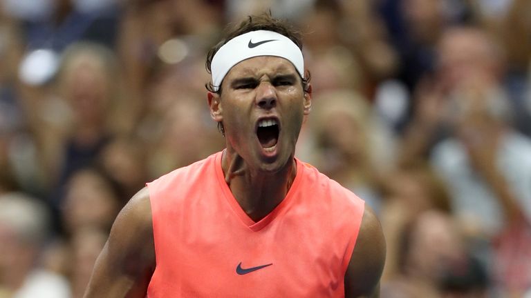 Rafael Nadal of Spain celebrates winning the second set during his men's singles third round match against Karen Khachanov of Russia on Day Five of the 2018 US Open at the USTA Billie Jean King National Tennis Center on August 31, 2018 in the Flushing neighborhood of the Queens borough of New York City. 