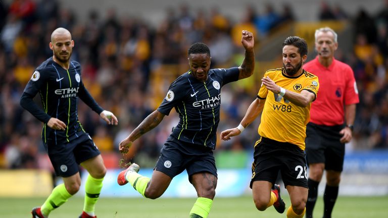 Raheem Sterling in action during the Premier League match between Wolverhampton Wanderers and Manchester City at Molineux