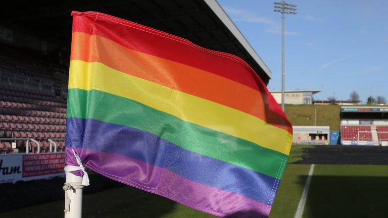 A rainbow corner flag is seen prior to the Sky Bet League One match between Northampton Town and Bury at Sixfields on November 25, 2017 in Northampton, England