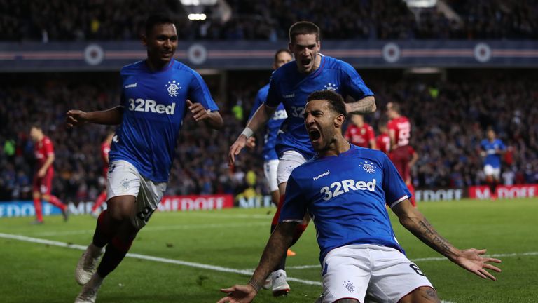 Connor Goldson of Rangers celebrates after scoring against FC Ufa at Ibrox 