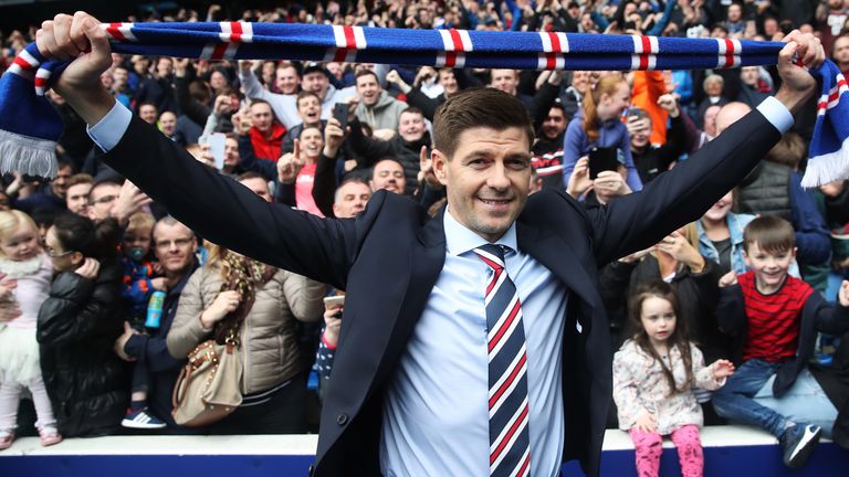 GLASGOW, SCOTLAND - MAY 04:  Steven Gerrard is unveiled as the new manager of Rangers football Club at Ibrox Stadium on May 4, 2018 in Glasgow, Scotland. (Photo by Ian MacNicol/Getty Images)