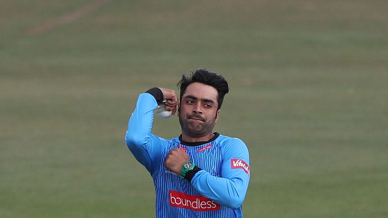 CANTERBURY, ENGLAND - JULY 27: Rashid Khan of Sussex Sharks bowls during the Vitality Blast match between Kent Spitfires and Sussex Sharks at The Spitfire Ground on July 27, 2018 in Canterbury, England. (Photo by Sarah Ansell/Getty Images). *** Local Caption *** Rashid Khan