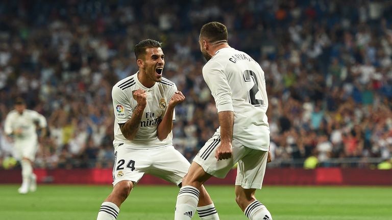 Dani Carvajal is congratulated by  Daniel Ceballos after his opening strike