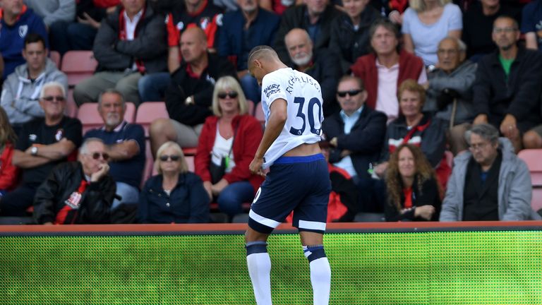 Richarlison walks from the pitch after being sent off at the Vitality Stadium