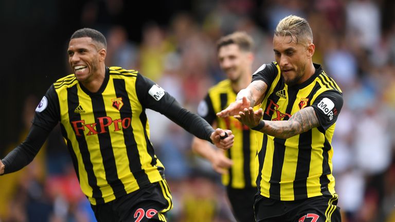 Roberto Pereyra celebrates after putting Watford ahead at Vicarage Road