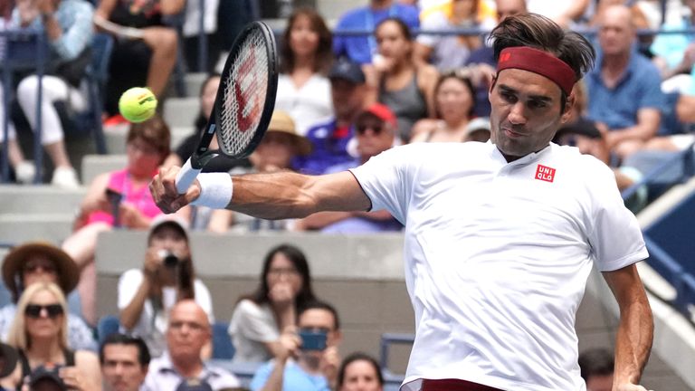 Roger Federer of Switzerland returns against Benoit Paire of France during Day 4 of the 2018 US Open Men's Singles match at the USTA Billie Jean King National Tennis Center in New York on August 30, 2018.