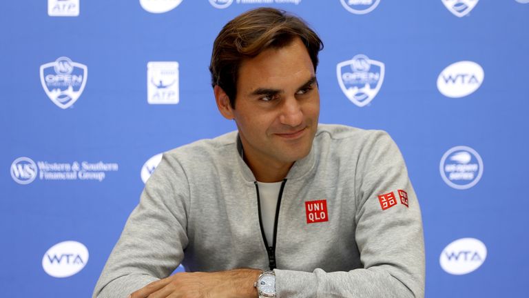Roger Federer of Switzerland fields questions at a press conference during the Western & Southern Open at Lindner Family Tennis Center on August 13, 2018 in Mason, Ohio.
