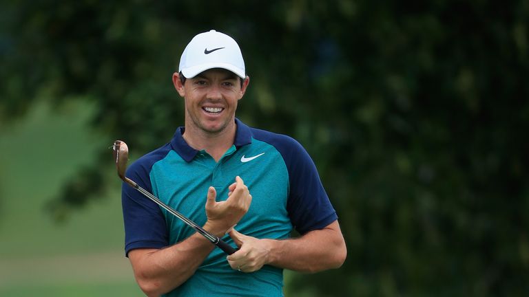 during a practice round prior to the 2018 PGA Championship at Bellerive Country Club on August 7, 2018 in St. Louis, Missouri.