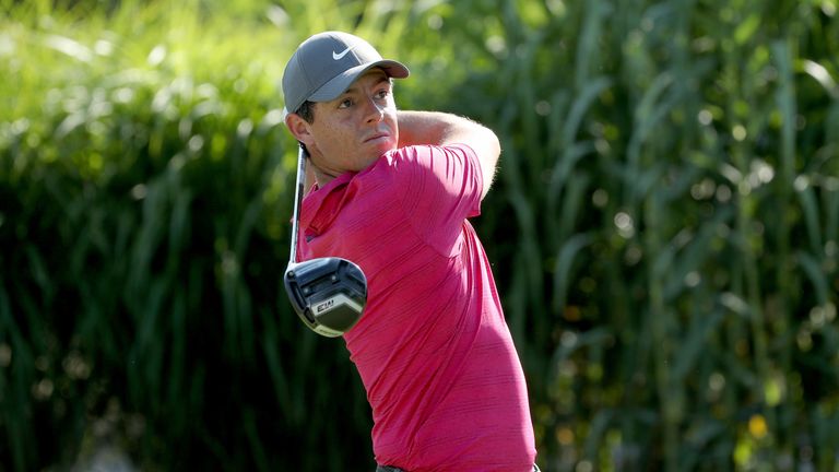 Rory McIlroy of Northern Ireland plays his shot from the 16th tee during World Golf Championships-Bridgestone Invitational - Round Three at Firestone Country Club South Course on August 4, 2018 in Akron, Ohio