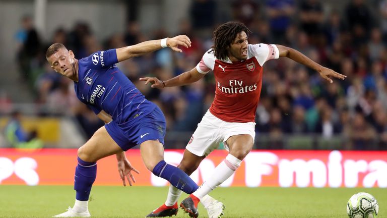 Arsenal&#39;s .Mohamed Elneny and Chelsea&#39;s Ross Barkley (left) battle for the ball during the pre-season friendly match at the Aviva Stadium, Dublin. PRESS ASSOCIATION Photo. Picture date: Wednesday August 1, 2018. See PA story SOCCER Arsenal. Photo credit should read: Niall Carson/PA Wire. RESTRICTIONS: EDITORIAL USE ONLY No use with unauthorised audio, video, data, fixture lists, club/league logos or &#34;live&#34; services. Online in-match use limited to 75 images, no video emulation. No use in betting, games or single club/league/player publications.