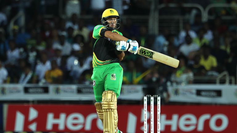 KINGSTON, JAMAICA - AUGUST 15:  In this handout image provided by CPL T20, Ross Taylor of Jamaica Tallawahshits four during the Hero Caribbean Premier League match between Jamaica Tallawahs and St Kitts and Nevis Patriots at Sabina Park on August 15, 2018 in Kingston, Jamaica. (Photo by Ashley Allen - CPL T20/Getty Images) *** Local Caption *** Ross Taylor