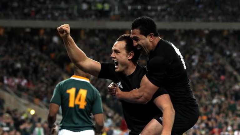 Israel Dagg celebrates scoring the winning try for New Zealand in South Africa