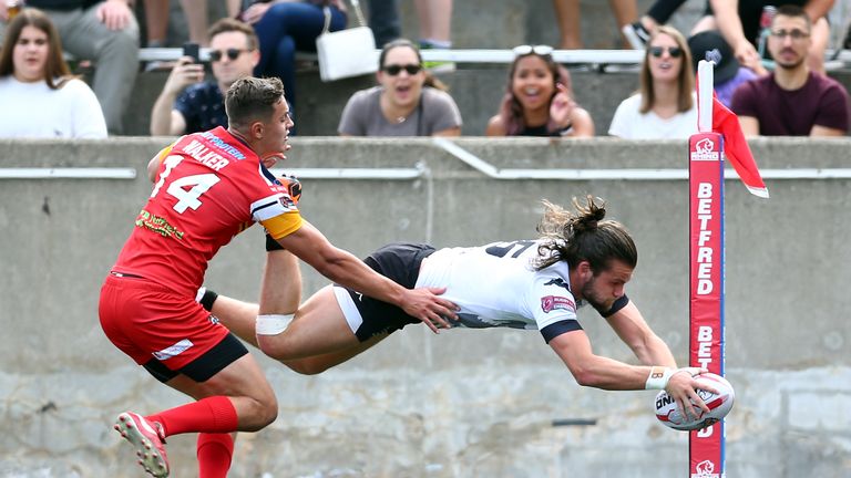 Toronto winger Liam Kay scores a try against London Broncos