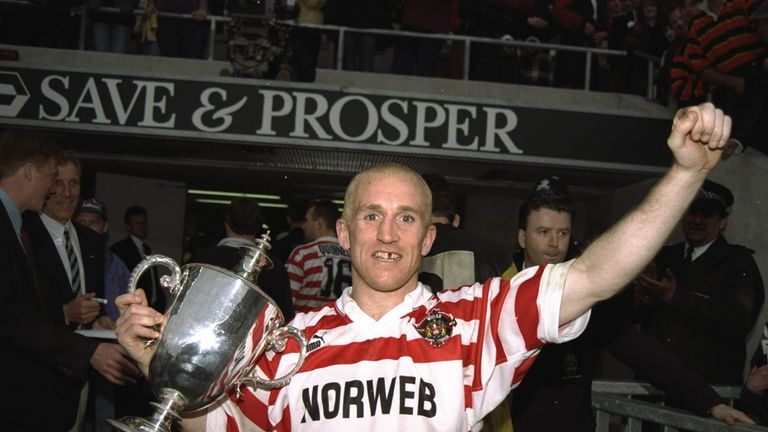 Shaun Edwards celebrates after Wigan won Save and Prosper Middlesex Sevens at Twickenham in 1996