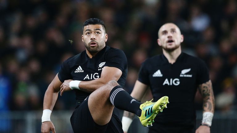 New Zealand's Richie Mo'unga clears the ball during a clash with France in Dunedin