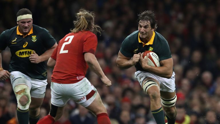 South Africa's Eben Etzebeth on the charge against Wales