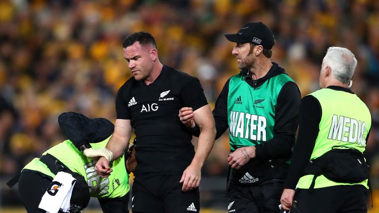 Ryan Crotty of the All Blacks receives attention after clashing heads with Jack Goodhue of the All Blacks during The Rugby Championship Bledisloe Cup match between the Australian Wallabies and the New Zealand All Blacks at ANZ Stadium on August 18, 2018 in Sydney, Australia