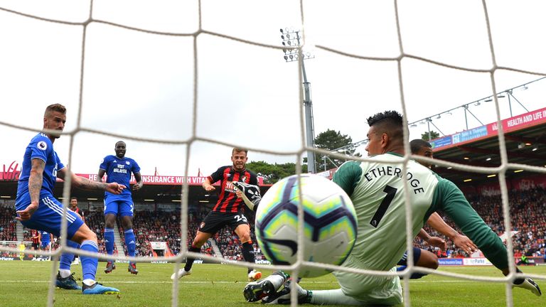 Ryan Fraser scores the opening goal of the game at the Vitality Stadium