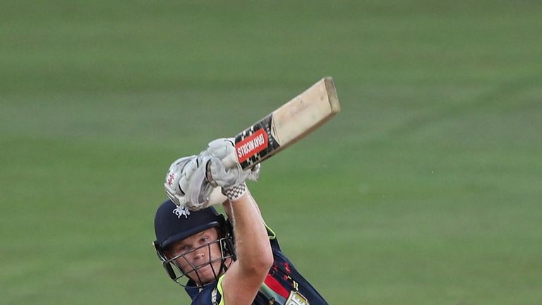 CANTERBURY, ENGLAND - AUGUST 02: Sam Billings of Kent Spitfires hits a boundary during the Vitality Blast match between Kent Spitfires and Essex Eagles at The Spitfire Ground on August 2, 2018 in Canterbury, England. (Photo by Sarah Ansell/Getty Images). *** Local Caption *** Sam Billings