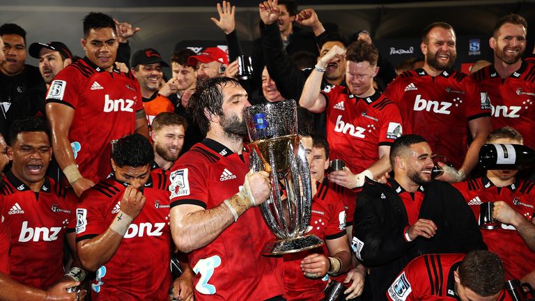 Sam Whitelock celebrating the Crusaders' Super Rugby title after his side won back-to-back titles. 