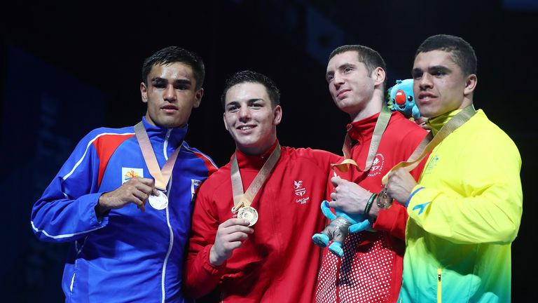 GOLD COAST, AUSTRALIA - APRIL 14:  (L-R) Silver medalist Ato Plodzicki-Faoagali of Samoa, Gold medalist Sammy Lee of Wales, Bronze medalists Harley O'Reilly of Canada and Clay Waterman of Australia pose during the medal ceremony for the men's 81kg Boxing on day 10 of the Gold Coast 2018 Commonwealth Games