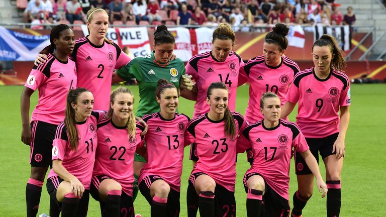 Scotland's defender Ifeoma Dieke, Scotland's defender Vaila Barsley, Scotland's goalkeeper Gemma Fay, Scotland's defender Rachel Corsie, Scotland's midfielder Leanne Crichton, Scotland's midfielder Caroline Weir, (L-R) Scotland's forward Lisa Evans, Scotland's forward Fiona Brown, Scotland's forward Jane Ross, Scotland's defender Chloe Arthur and Scotland's defender Frankie Brown pose for a group picture ahead of the UEFA Women's Euro 2017 football match between England and Scotland.