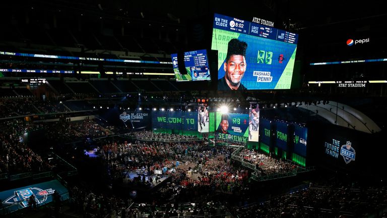 during the first round of the 2018 NFL Draft at AT&T Stadium on April 26, 2018 in Arlington, Texas.