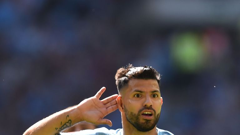 Sergio Aguero celebrates scoring against Chelsea in the Community Shield