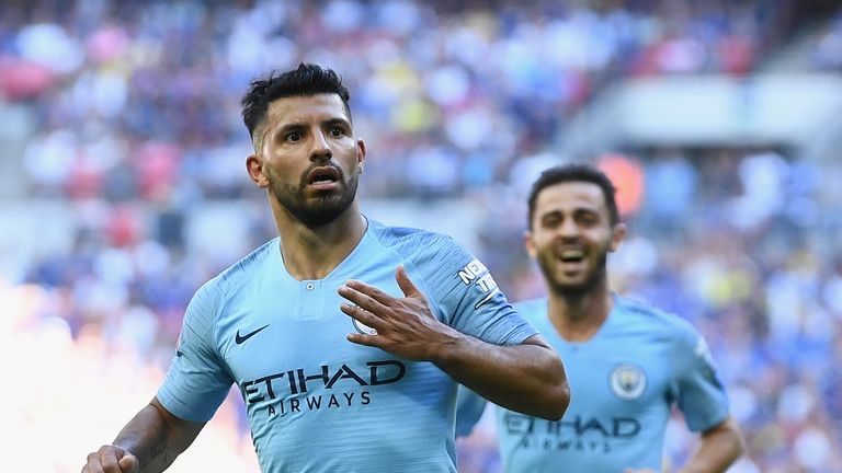 Sergio Aguero of Manchester City celebrates scoring his side's second goal during the FA Community Shield between Manchester City and Chelsea at Wembley Stadium on August 5, 2018 in London, England