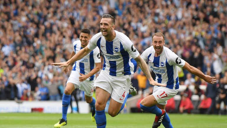 Shane Duffy celebrates after doubling Brighton&#39;s lead