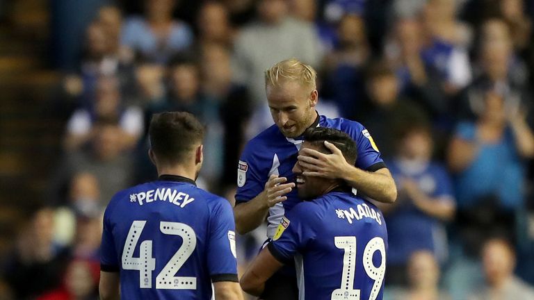 Sheffield Wednesday's Barry Bannan (centre) celebrates scoring his side's first goal of the game v Millwall, Sky Bet Championship, 22 August 2018