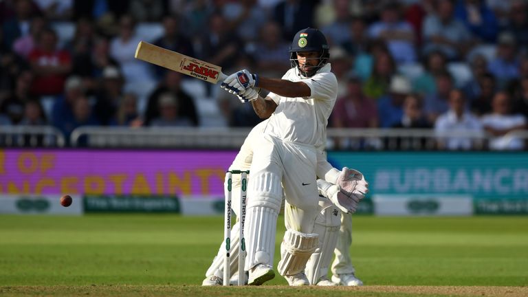 Shikhar Dhawan of India bats during day two of the Specsavers 3rd Test match between England and India at Trent Bridge on August 19, 2018 in Nottingham, England