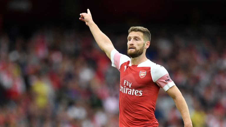 Shkodran Mustafi in action during the Premier League match between Arsenal and Manchester City