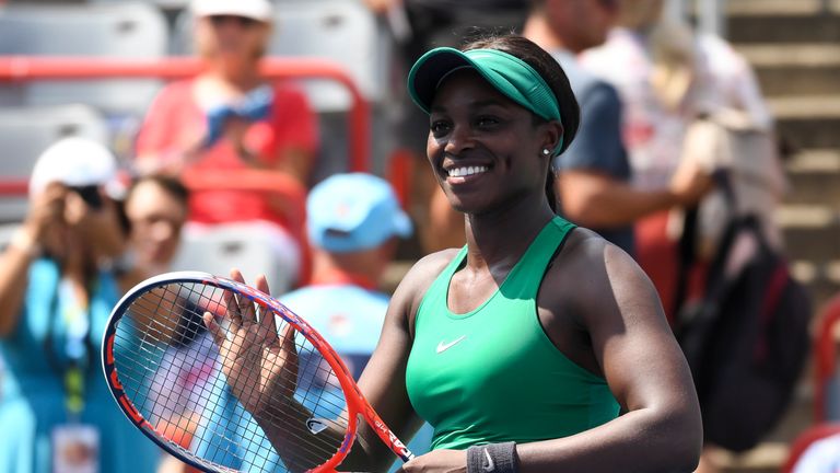 Sloane Stephens celebrates her 6-2, 7-5 victory against Carla Suarez Navarro of Spain during day four of the Rogers Cup at IGA Stadium on August 9, 2018 in Montreal, Quebec, Canada.