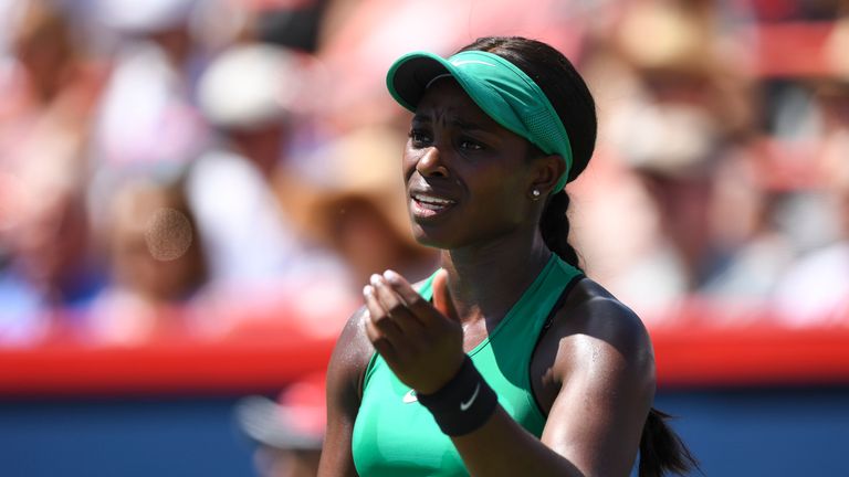 Sloane Stephens reacts after losing a point against Simona Halep of Romania in the final during day seven of the Rogers Cup at IGA Stadium on August 12, 2018 in Montreal, Quebec, Canada. 