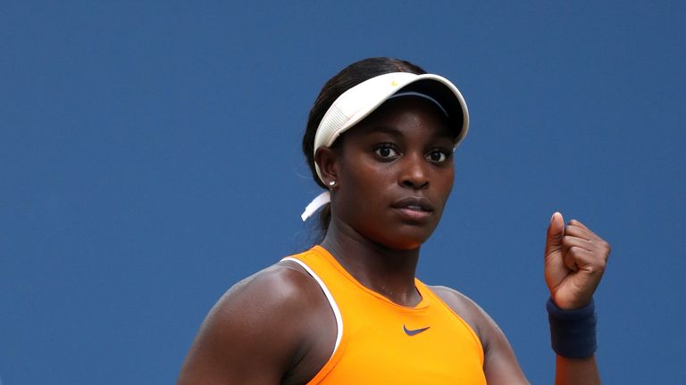 Sloane Stephens of the United States reacts during her women's singles first round match against Evgeniya Rodina of Russia on Day One of the 2018 US Open at the USTA Billie Jean King National Tennis Center on August 27, 2017 in the Flushing neighborhood of the Queens borough of New York City.