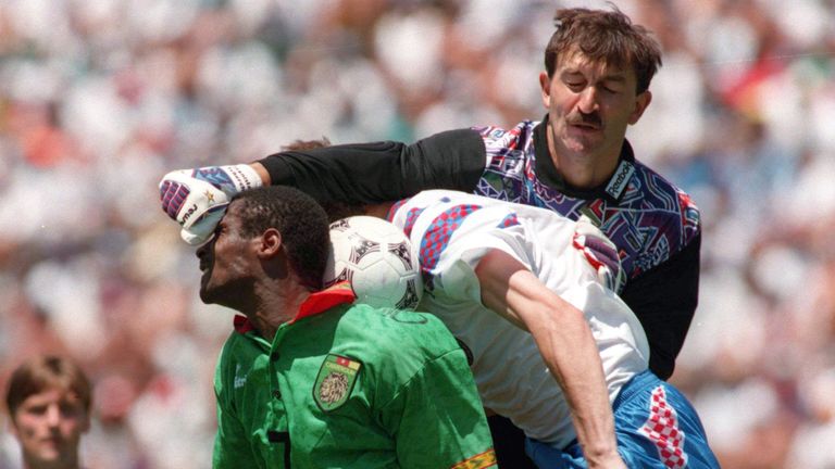 Stanislav Cherchesov competes for the ball in Russia's 6-1 win over Cameroon at the 1994 World Cup