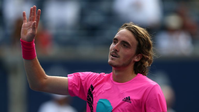 Stefanos Tsitsipas of Greece celebrates his victory over Novak Djokovic of Serbia during a 3rd round match on Day 4 of the Rogers Cup at Aviva Centre on August 9, 2018 in Toronto, Canada. 