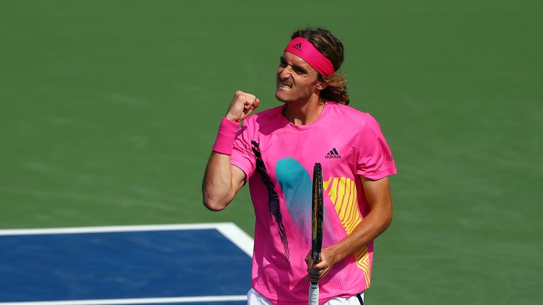 Stefanos Tsitsipas of Greece celebrates a point against Kevin Anderson of South Africa during a semi final match on Day 6 of the Rogers Cup at Aviva Centre on August 11, 2018 in Toronto, Canada. 