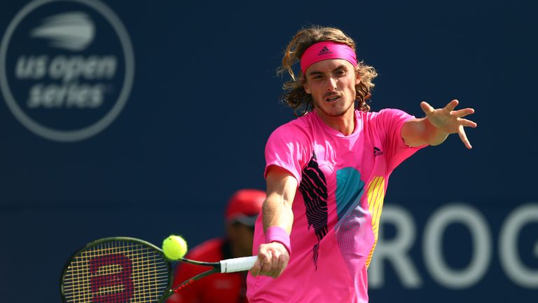 Stefanos Tsitsipas of Greece plays a shot against Rafael Nadal of Spain during the final match on Day 7 of the Rogers Cup at Aviva Centre on August 12, 2018 in Toronto, Canada.