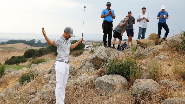 HAYWARD, CA - AUGUST 04: Stephen Curry has a laugh about his rough lie on the eighth hole during round two of the Ellie Mae Classic at TCP Stonebrae on August 4, 2017 in Hayward, California.  (Photo by Lachlan Cunningham/Getty Images)