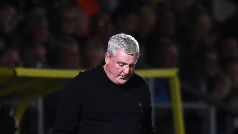 Steve Bruce looks to the floor during the Carabao Cup, Second Round defeat to Burton Albion