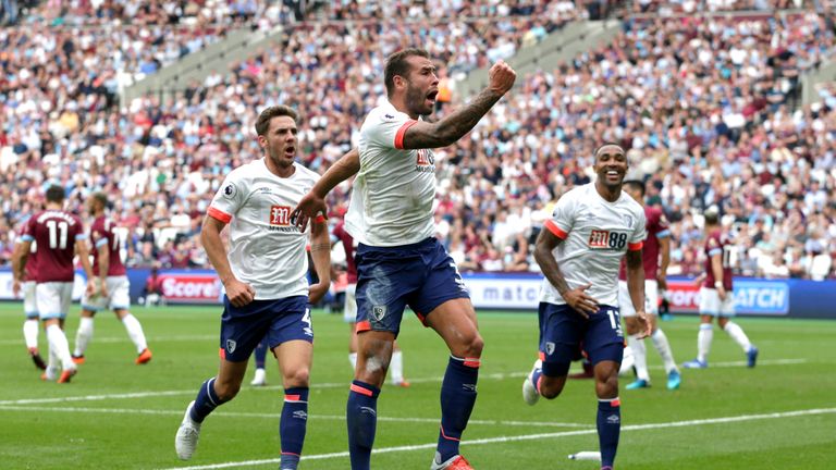 Steve Cook celebrates scoring Bournemouth's second goal against West Ham