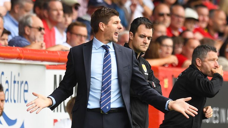 Rangers manager Steven Gerrard contests the red card of Alfredo Morelos