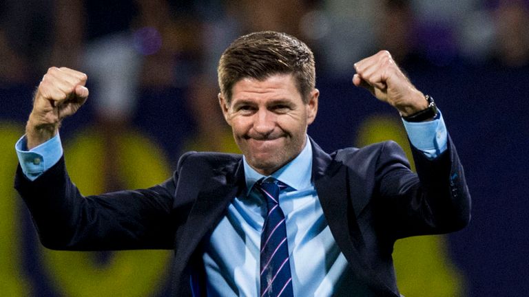 Rangers Manager Steven Gerrard celebrates his side's aggregate win in the Europa League against Maribor