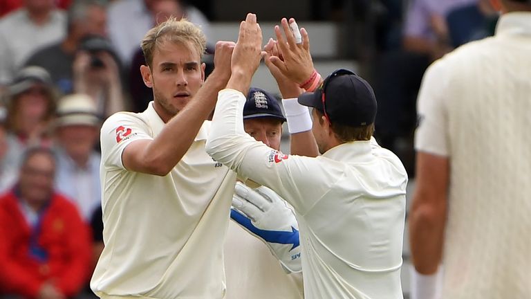 Stuart Broad celebrates taking a wicket for England in the third Test against India