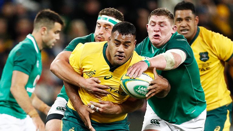 Taniela Tupou attacking during Australia's Test against Ireland at AAMI Park, Melbourne. 